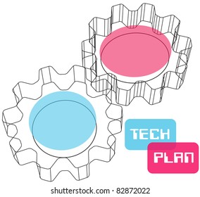 Wire frame 3D gears as symbols of invention engineering technology plan