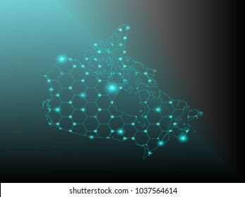 Wire frame 3D mesh polygonal network line. Abstract mash line and point scales on dark background with map of Canada . Vector illustration eps 10. design polygon sphere.