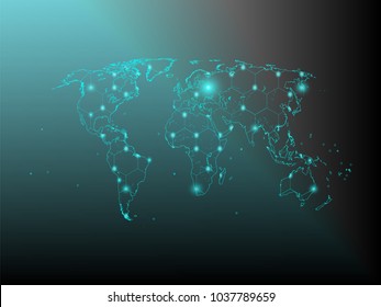 Wire frame 3D mesh polygonal network line. Abstract mash line and point scales on dark background with map of World. Vector illustration eps 10. design polygon sphere.