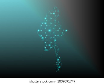 Wire frame 3D mesh polygonal network line. Abstract mash line and point scales on dark background with map of Myanmar . Vector illustration eps 10. design polygon sphere.