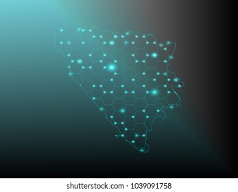 Wire frame 3D mesh polygonal network line. Abstract mash line and point scales on dark background with map of Bosnia and Herzegovina
 . Vector illustration eps 10. design polygon sphere.