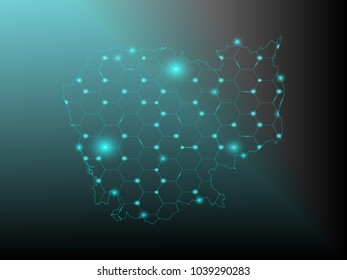 Wire frame 3D mesh polygonal network line. Abstract mash line and point scales on dark background with map of Cambodia . Vector illustration eps 10. design polygon sphere.