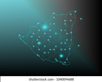 Wire frame 3D mesh polygonal network line. Abstract mash line and point scales on dark background with map of Nicaragua
. Vector illustration eps 10. design polygon sphere.