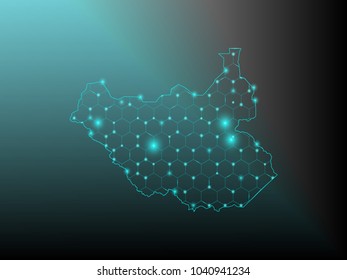 Wire frame 3D mesh polygonal network line. Abstract mash line and point scales on dark background with map of South Sudan . Vector illustration eps 10. design polygon sphere.