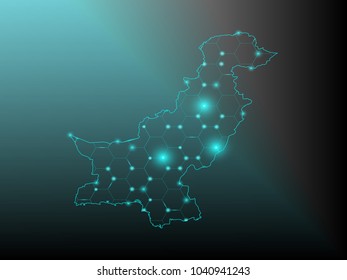 Wire frame 3D mesh polygonal network line. Abstract mash line and point scales on dark background with map of Pakistan . Vector illustration eps 10. design polygon sphere.