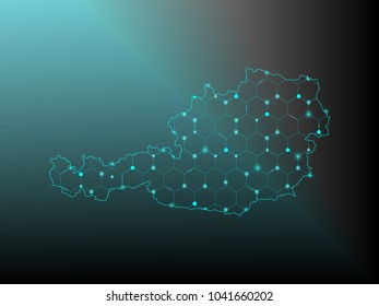 Wire frame 3D mesh polygonal network line. Abstract mash line and point scales on dark background with map of Austria . Vector illustration eps 10. design polygon sphere.