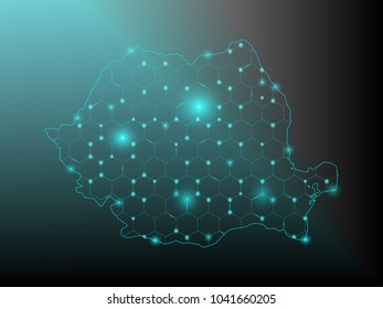 Wire frame 3D mesh polygonal network line. Abstract mash line and point scales on dark background with map of Romania . Vector illustration eps 10. design polygon sphere.