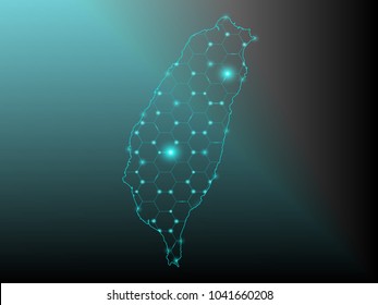 Wire frame 3D mesh polygonal network line. Abstract mash line and point scales on dark background with map of Taiwan . Vector illustration eps 10. design polygon sphere.