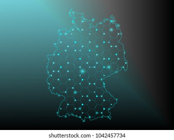 Wire frame 3D mesh polygonal network line. Abstract mash line and point scales on dark background with map of Germany . Vector illustration eps 10. design polygon sphere.