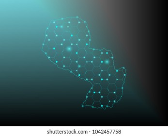 Wire frame 3D mesh polygonal network line. Abstract mash line and point scales on dark background with map of Paraguay . Vector illustration eps 10. design polygon sphere.
