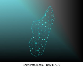 Wire frame 3D mesh polygonal network line. Abstract mash line and point scales on dark background with map of Madagascar . Vector illustration eps 10. design polygon sphere.