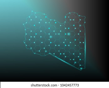 Wire frame 3D mesh polygonal network line. Abstract mash line and point scales on dark background with map of Libya . Vector illustration eps 10. design polygon sphere.