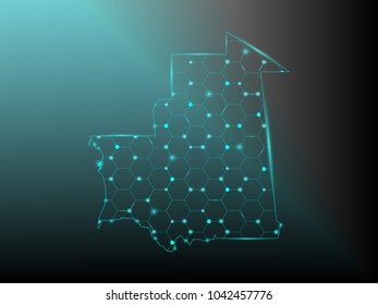 Wire frame 3D mesh polygonal network line. Abstract mash line and point scales on dark background with map of Mauritania . Vector illustration eps 10. design polygon sphere.