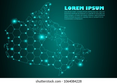 Wire frame 3D mesh polygonal network line. Abstract mash line and point scales on dark background with map of Canada. Vector illustration eps 10. design polygon sphere.communication world