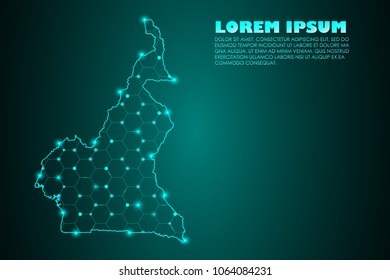 Wire frame 3D mesh polygonal network line. Abstract mash line and point scales on dark background with map of Cameroon. Vector illustration eps 10. design polygon sphere.communication world