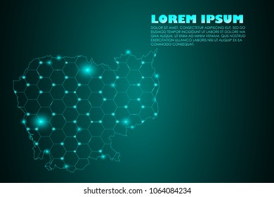 Wire frame 3D mesh polygonal network line. Abstract mash line and point scales on dark background with map of Cambodia. Vector illustration eps 10. design polygon sphere.communication world