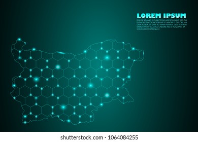 Wire frame 3D mesh polygonal network line. Abstract mash line and point scales on dark background with map of Bulgaria. Vector illustration eps 10. design polygon sphere.communication world