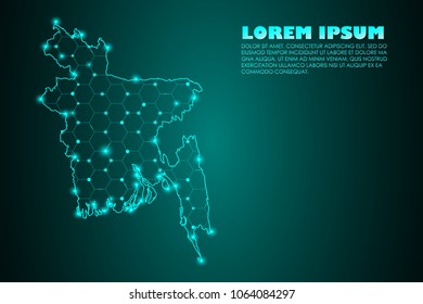 Wire frame 3D mesh polygonal network line. Abstract mash line and point scales on dark background with map of Bangladesh. Vector illustration eps 10. design polygon sphere.communication world