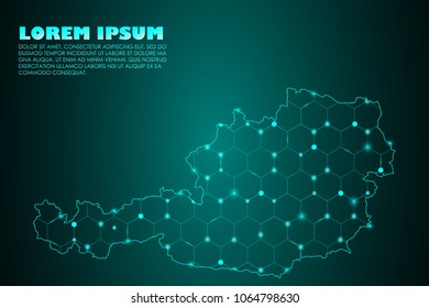 Wire frame 3D mesh polygonal network line. Abstract mash line and point scales on dark background with map of Austria. Vector illustration eps 10. design polygon sphere.communication world