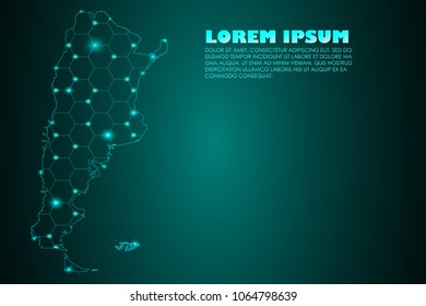Wire frame 3D mesh polygonal network line. Abstract mash line and point scales on dark background with map of Argentina. Vector illustration eps 10. design polygon sphere.communication world