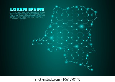 Wire frame 3D mesh polygonal network line. Abstract mash line and point scales on dark background with map of Democratic Republic of the Congo. Vector illustration eps 10. design polygon sphere.
