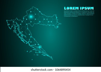 Wire frame 3D mesh polygonal network line. Abstract mash line and point scales on dark background with map of Croatia. Vector illustration eps 10. design polygon sphere.communication world