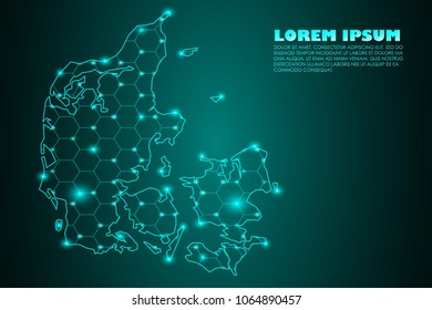 Wire frame 3D mesh polygonal network line. Abstract mash line and point scales on dark background with map of Denmark.. Vector illustration eps 10. design polygon sphere.communication world