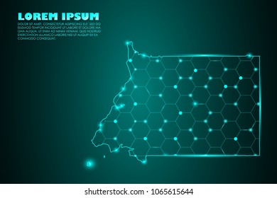 Wire frame 3D mesh polygonal network line. Abstract mash line and point scales on dark background with map of Equatorial Guinea. Vector illustration eps 10. design polygon sphere.communication world