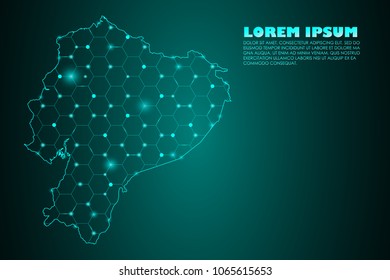 Wire frame 3D mesh polygonal network line. Abstract mash line and point scales on dark background with map of Ecuador. Vector illustration eps 10. design polygon sphere.communication world