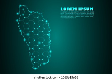 Wire frame 3D mesh polygonal network line. Abstract mash line and point scales on dark background with map of Dominica. Vector illustration eps 10. design polygon sphere.communication world