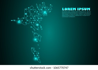 Wire frame 3D mesh polygonal network line. Abstract mash line and point scales on dark background with map of faroe islands. Vector illustration eps 10. design polygon sphere.communication world