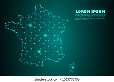 Wire frame 3D mesh polygonal network line. Abstract mash line and point scales on dark background with map of France. Vector illustration eps 10. design polygon sphere.communication world