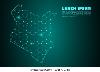 Wire frame 3D mesh polygonal network line. Abstract mash line and point scales on dark background with map of Kenya. Vector illustration eps 10. design polygon sphere.communication world