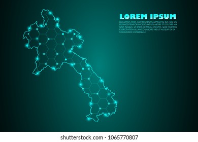 Wire frame 3D mesh polygonal network line. Abstract mash line and point scales on dark background with map of Laos . Vector illustration eps 10. design polygon sphere.communication world