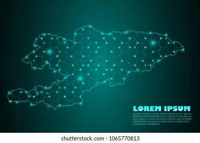 Wire frame 3D mesh polygonal network line. Abstract mash line and point scales on dark background with map of Kyrgyzstan. Vector illustration eps 10. design polygon sphere.communication world