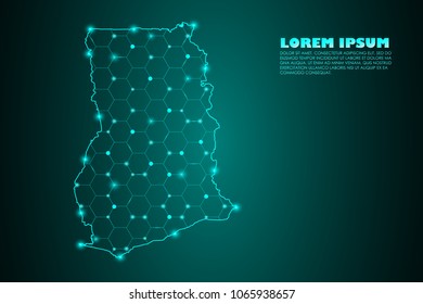 Wire frame 3D mesh polygonal network line. Abstract mash line and point scales on dark background with map of Ghana. Vector illustration eps 10. design polygon sphere.communication world