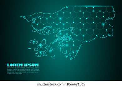 Wire frame 3D mesh polygonal network line. Abstract mash line and point scales on dark background with map of Guinea Bissau . Vector illustration eps 10. design polygon sphere.communication world