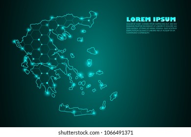 Wire frame 3D mesh polygonal network line. Abstract mash line and point scales on dark background with map of Greece . Vector illustration eps 10. design polygon sphere.communication world