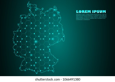 Wire frame 3D mesh polygonal network line. Abstract mash line and point scales on dark background with map of Germany. Vector illustration eps 10. design polygon sphere.communication world