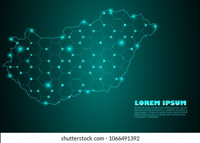 Wire frame 3D mesh polygonal network line. Abstract mash line and point scales on dark background with map of Hungary. Vector illustration eps 10. design polygon sphere.communication world