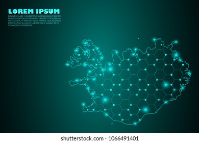 Wire frame 3D mesh polygonal network line. Abstract mash line and point scales on dark background with map of Iceland. Vector illustration eps 10. design polygon sphere.communication world