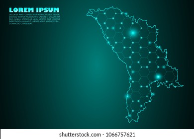 Wire frame 3D mesh polygonal network line. Abstract mash line and point scales on dark background with map of Moldova. Vector illustration eps 10. design polygon sphere.communication world