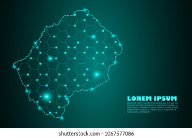 Wire frame 3D mesh polygonal network line. Abstract mash line and point scales on dark background with map of Lesotho . Vector illustration eps 10. design polygon sphere.communication world