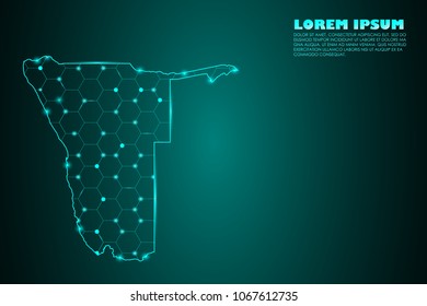 Wire frame 3D mesh polygonal network line. Abstract mash line and point scales on dark background with map of Namibia. Vector illustration eps 10. design polygon sphere.communication world
