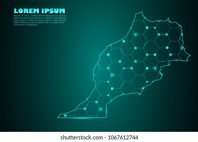 Wire frame 3D mesh polygonal network line. Abstract mash line and point scales on dark background with map of Morocco. Vector illustration eps 10. design polygon sphere.communication world
