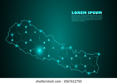 Wire frame 3D mesh polygonal network line. Abstract mash line and point scales on dark background with map of Nepal . Vector illustration eps 10. design polygon sphere.communication world
