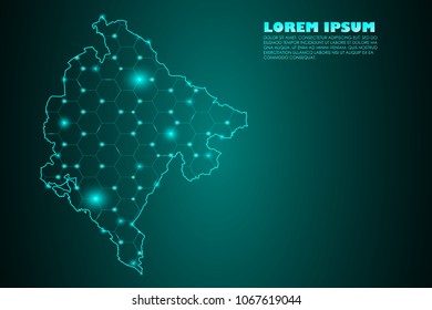 Wire frame 3D mesh polygonal network line. Abstract mash line and point scales on dark background with map of Montenegro. Vector illustration eps 10. design polygon sphere.communication world
