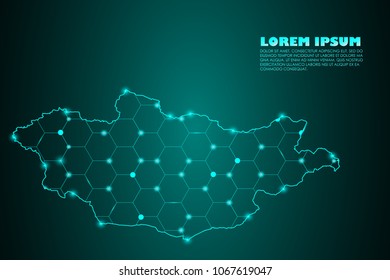 Wire frame 3D mesh polygonal network line. Abstract mash line and point scales on dark background with map of Mongolia. Vector illustration eps 10. design polygon sphere.communication world
