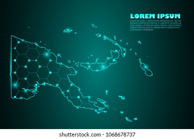 Wire frame 3D mesh polygonal network line. Abstract mash line and point scales on dark background with map of Papua New Guinea. Vector illustration eps 10. design polygon sphere.communication world