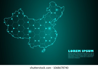 Wire frame 3D mesh polygonal network line. Abstract mash line and point scales on dark background with map of People's Republic of China. Vector illustration eps 10. design polygon sphere.